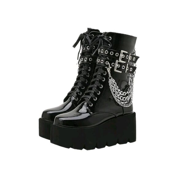 Gothic Punk Biker Patent Faux Leather Platform Wedge Boots Chain Buckle 36/6.5 - Picture 1 of 11